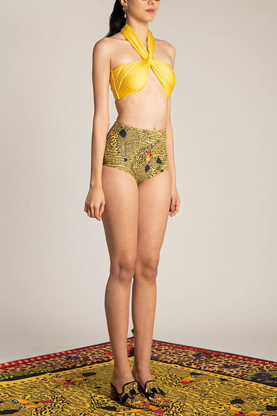 Yellow draped & printed bikini