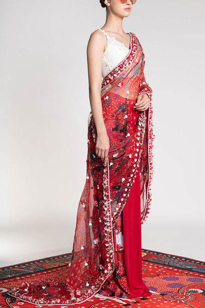 Red Rosh Hedge embellished sari