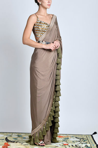 Embellished blouse and tassel sari