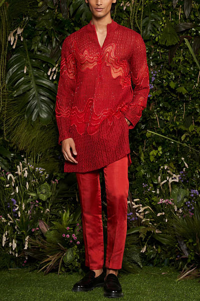 Red knitted kurta set