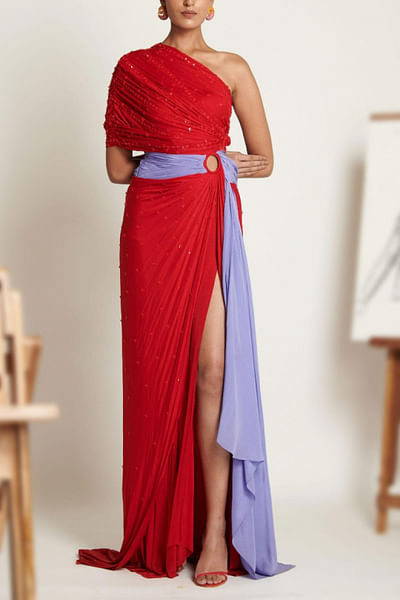 Red silk jersey draped gown