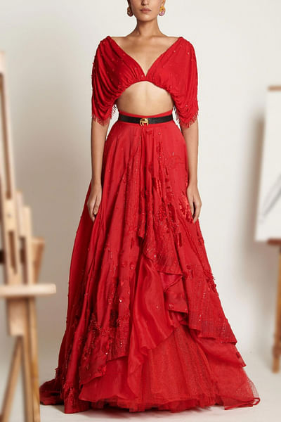 Red multi-layered skirt set