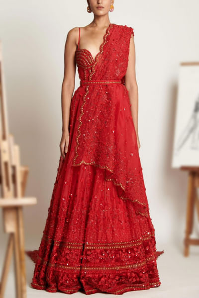 Red floral lehenga set