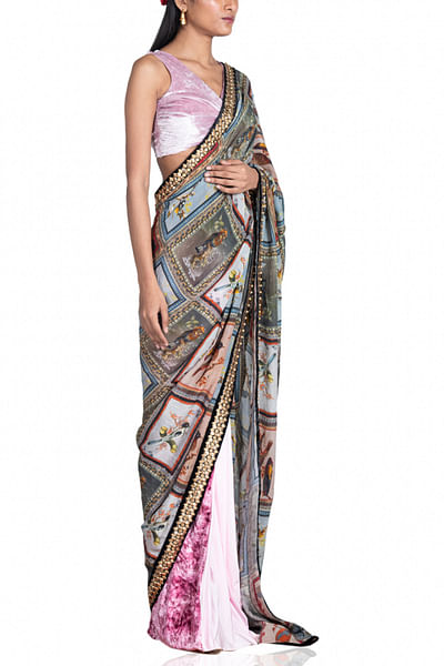 Multicoloured hututi and hibiscus printed sari