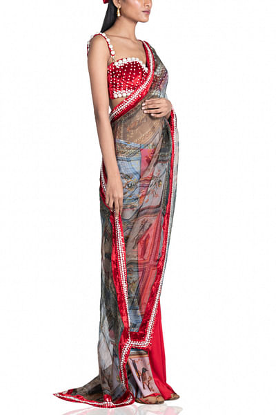 Multicoloured hututi printed sari