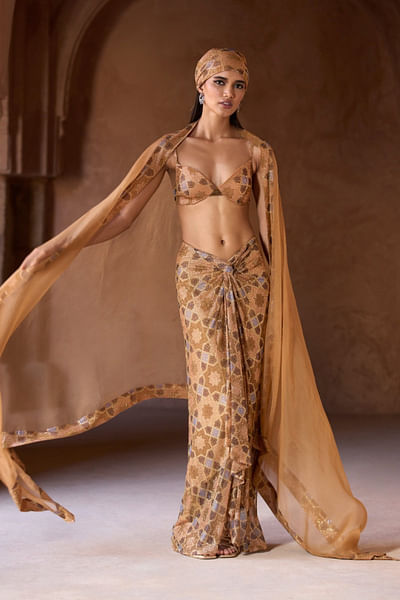 Nude mosaic printed crystal cape and skirt set