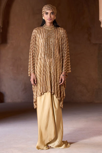 Nude geometric print crystal tunic skirt set
