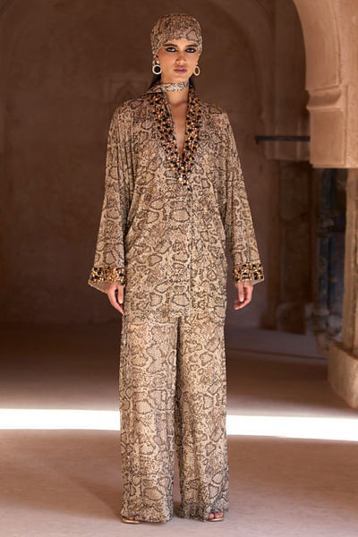 Green snake printed crystal tunic set