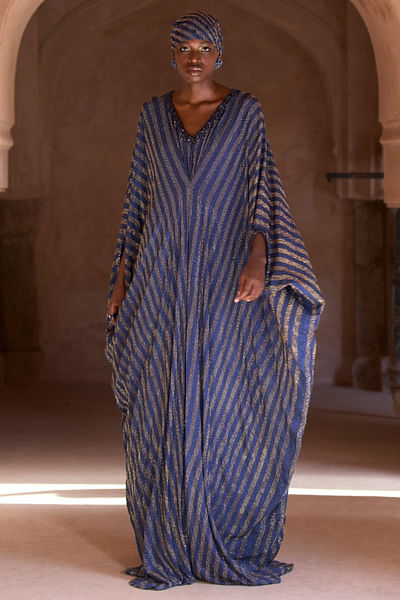 Blue and gold striped crystal kaftan set