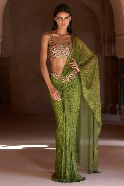 Light green hieroglyphic crystal skirt sari set
