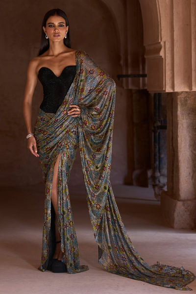 Black and silver floral crystal skirt sari set