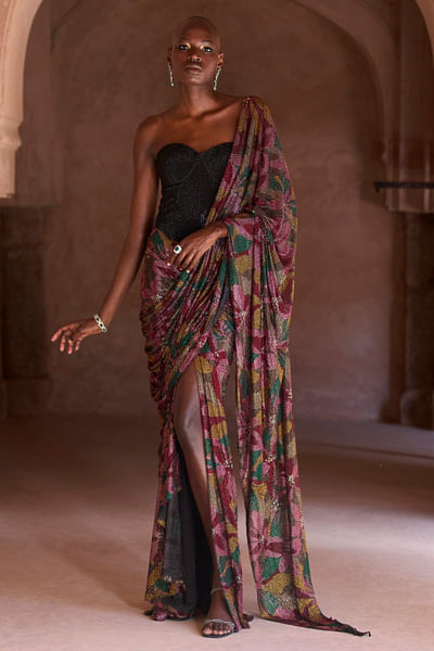 Multicolor floral print crystal skirt sari set