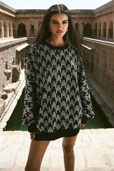 Black silver houndstooth crystal sweat dress