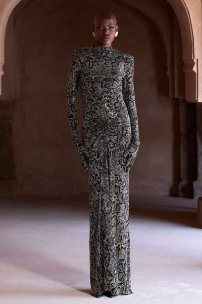 Black and silver snake print crystal gown