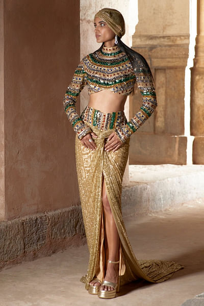 Gold hieroglyphic crystal draped skirt set