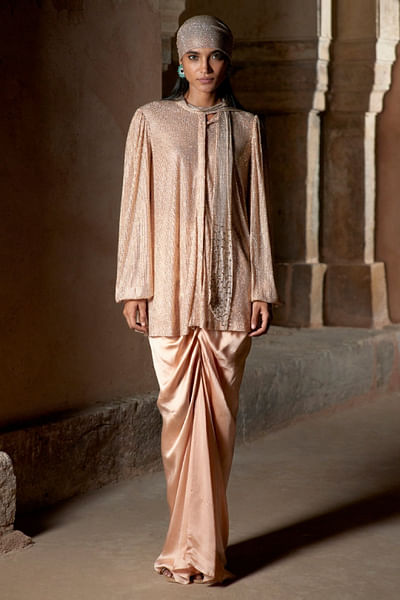 Nude crystal tunic and draped skirt set