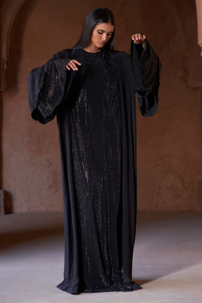 Black crystal abaya and shrug jacket