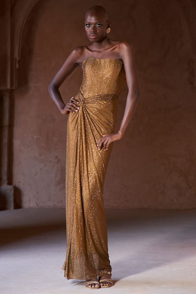 Gold crystal corset slit gown