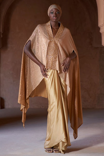 Gold ombre crystal tunic and draped skirt set