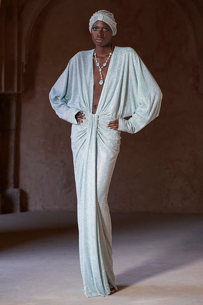 Mint green crystal kaftan gown and headgear
