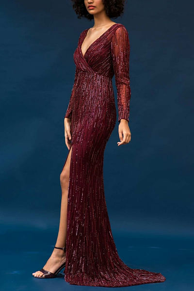 Burgundy embellished tulle gown