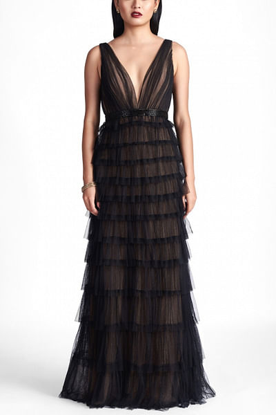 Black embroidered tulle gown