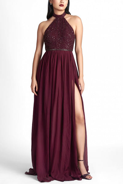 Aubergine embellished gown