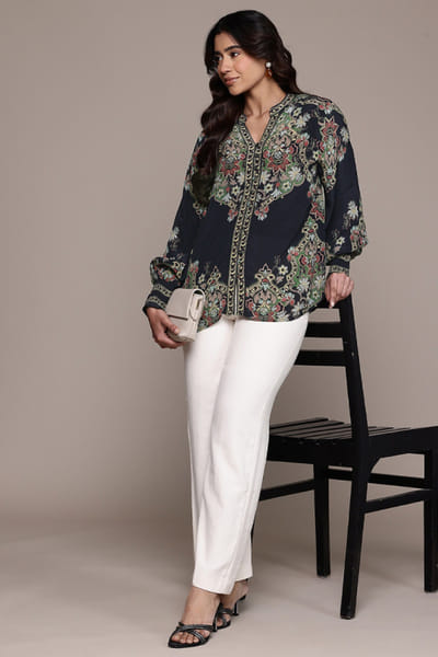 Ritu Kumar Black floral print band collared shirt RITUJUN26D347320