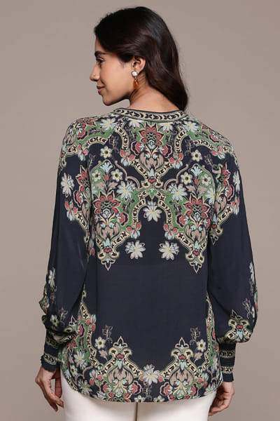 Ritu Kumar Black floral print band collared shirt RITUJUN26D347320