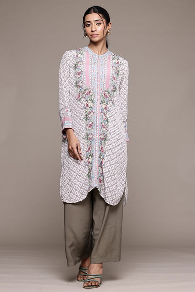 Pink floral printed shirt-style kurta