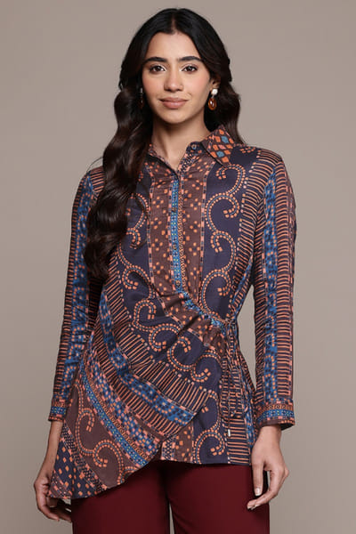 Ritu Kumar Brown and blue aztec print tie-up shirt RITUJUN26D347318