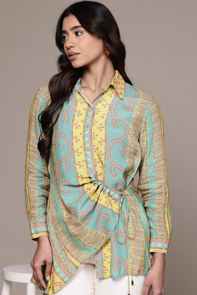 Ritu Kumar Green and yellow aztec print tie-up shirt RITUJUN26D347319