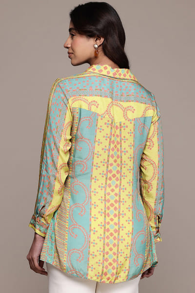Ritu Kumar Green and yellow aztec print tie-up shirt RITUJUN26D347319