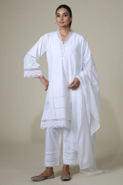 White embroidered long kurta set
