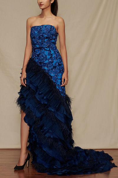 Blue feather embellished gown