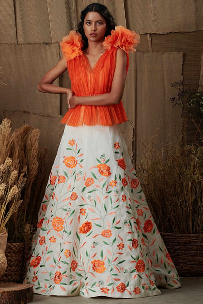 Orange and ivory skirt set 
