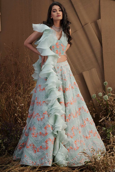 Mint embroidered lehenga set 
