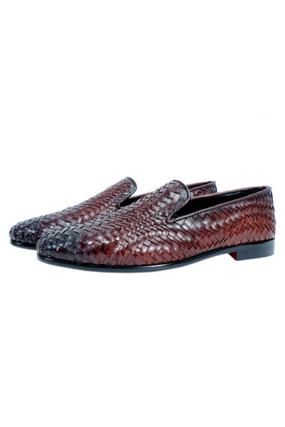Cocoa woven leather slip-ons