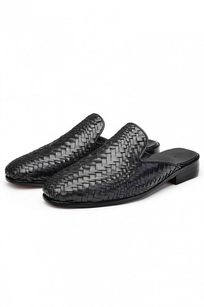 Black woven leather mules