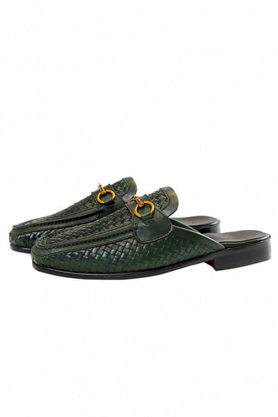 Green woven leather mules