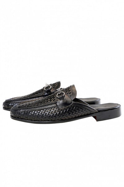 Black woven texture leather mules