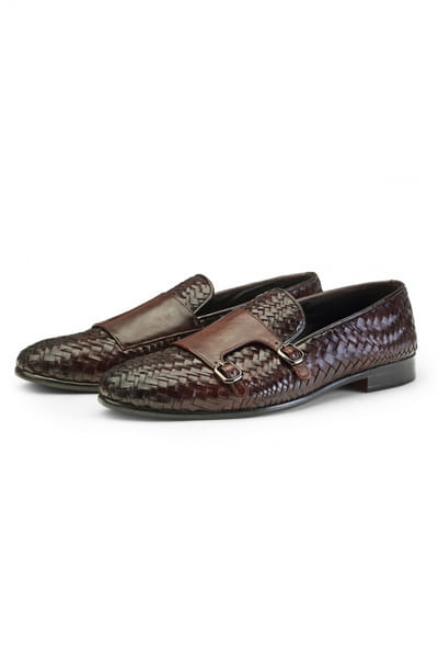 Brown woven leather slip-ons
