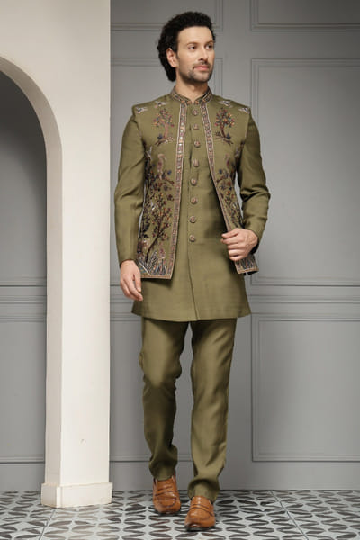 Olive green embroidered bandhgala set