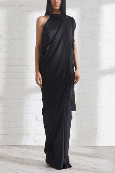 Black fringe sari set