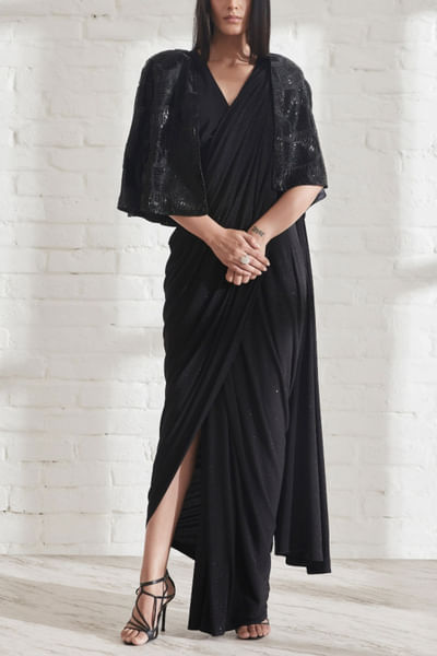 Black draped sari and cape