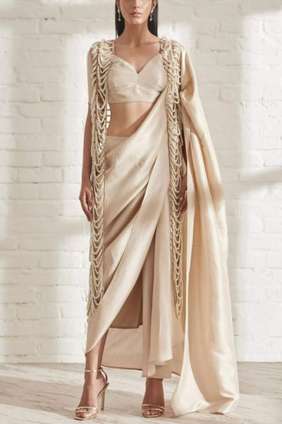 Champagne godet sari set