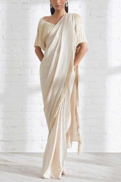 Champagne fringe sari set