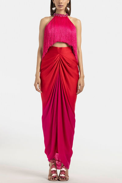 Red and fuschia draped chiffon skirt