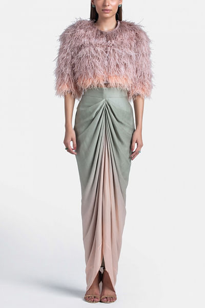 Stone and salmon pink draped chiffon skirt