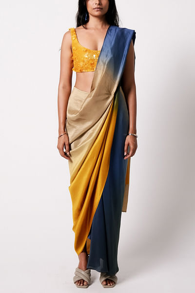 Ombre yellow godet sari